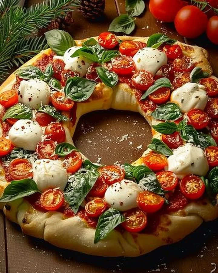 Delicious Holiday Wreath Pizza decorated for festive celebrations.