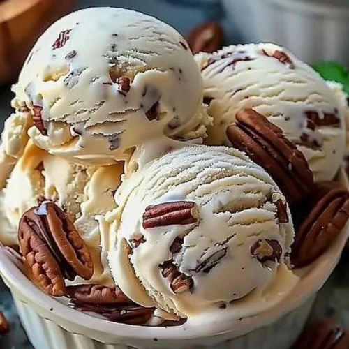Delicious homemade butter pecan ice cream with crunchy pecans