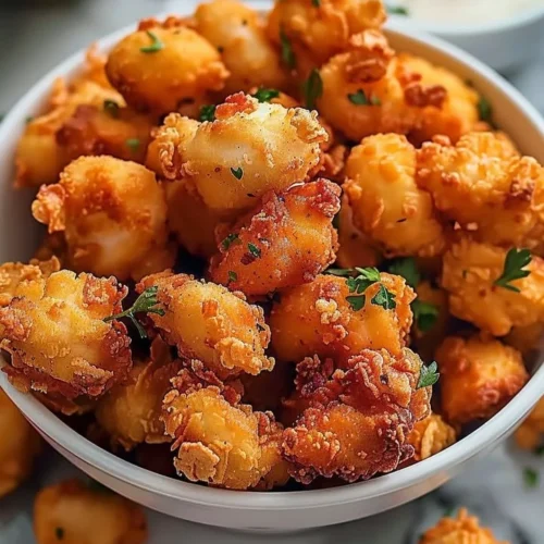 Delicious homemade popcorn chicken served with dipping sauce