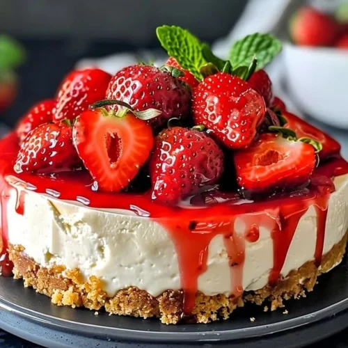 Homemade strawberry cheesecake topping on a dessert plate.