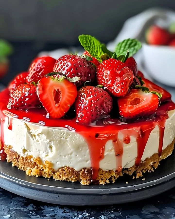 Homemade strawberry cheesecake topping on a dessert plate.