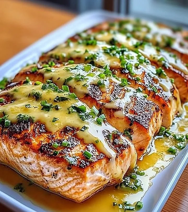 Delicious Honey Lime Garlic Butter Baked Salmon garnished with lime slices.