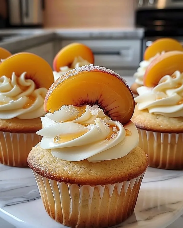 Honey Peach Cream Cheese Cupcakes topped with fresh peach slices and cream cheese frosting