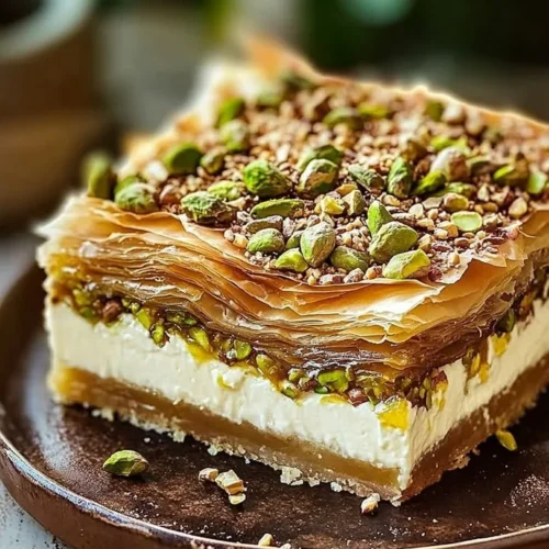 Honey Pistachio Baklava Cheesecake with layers of creamy cheesecake and crispy baklava