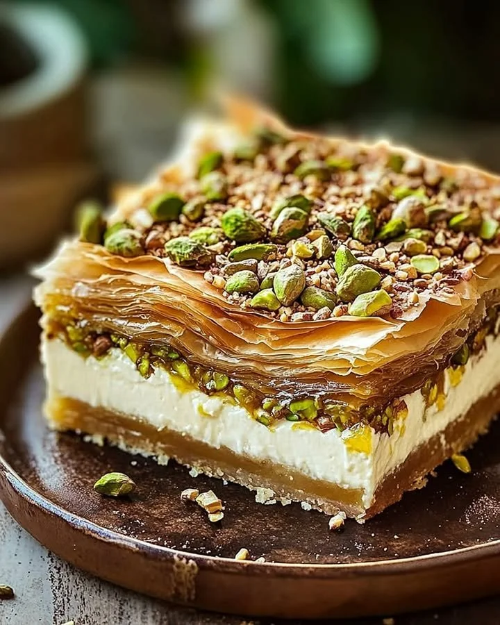 Honey Pistachio Baklava Cheesecake with layers of creamy cheesecake and crispy baklava