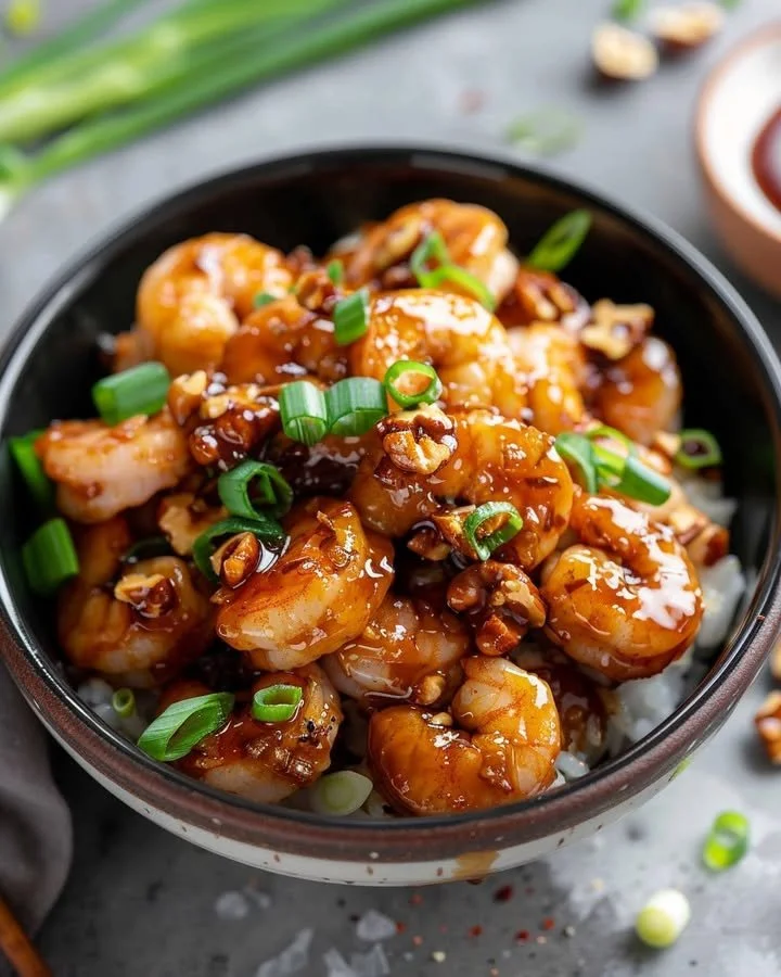 Delicious Honey Walnut Shrimp Delight garnished with walnuts and drizzled with honey.