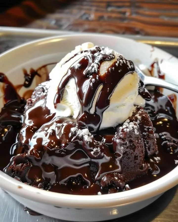 Delicious slice of Hot Fudge Chocolate Pudding Cake topped with chocolate sauce