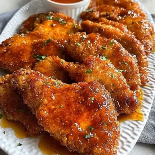 Hot Honey Chicken Cutlets served on a plate with drizzled honey sauce.