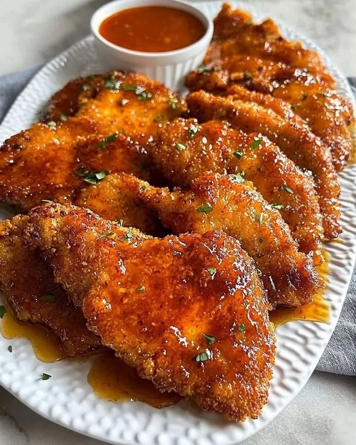 Hot Honey Chicken Cutlets served on a plate with drizzled honey sauce.