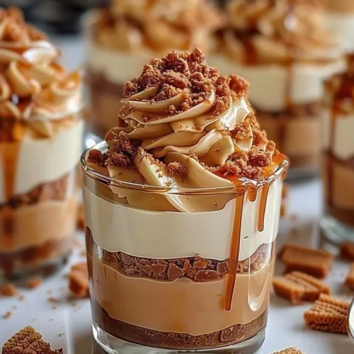 Indulgent Biscoff cheesecake cups with a crunchy topping