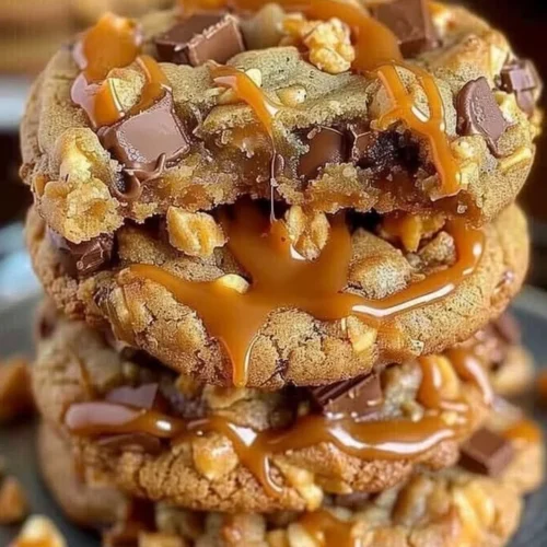 Irresistible Butterfinger Caramel Crunch Cookies with chocolate and caramel toppings