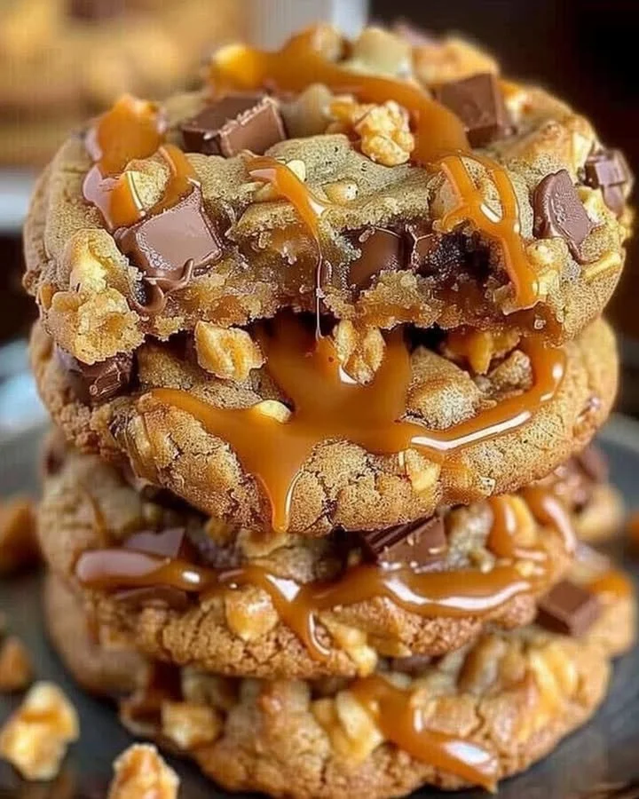 Irresistible Butterfinger Caramel Crunch Cookies with chocolate and caramel toppings