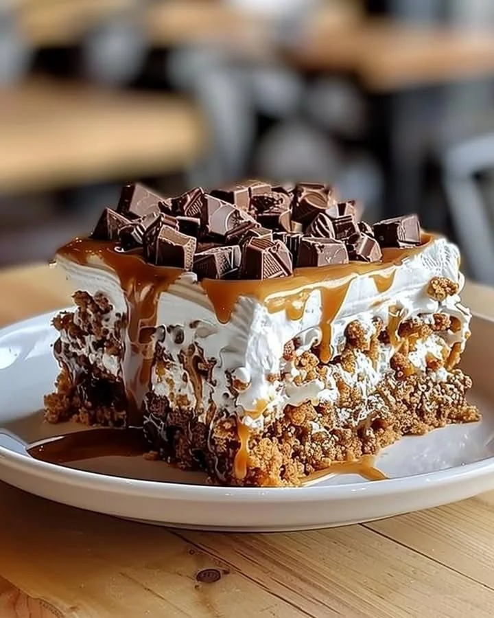 Delicious Heath Bar Poke Cake topped with crushed Heath bars and whipped cream
