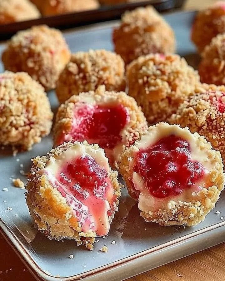 Irresistible strawberry cheesecake crunch bites on a plate