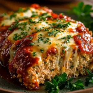 Italian-inspired Parmesan Chicken Meatloaf on a serving plate