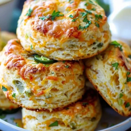 Freshly baked jalapeño cheddar biscuits on a wooden serving board.