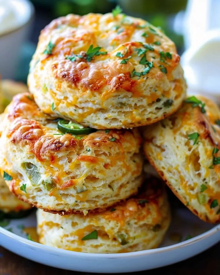 Freshly baked jalapeño cheddar biscuits on a wooden serving board.