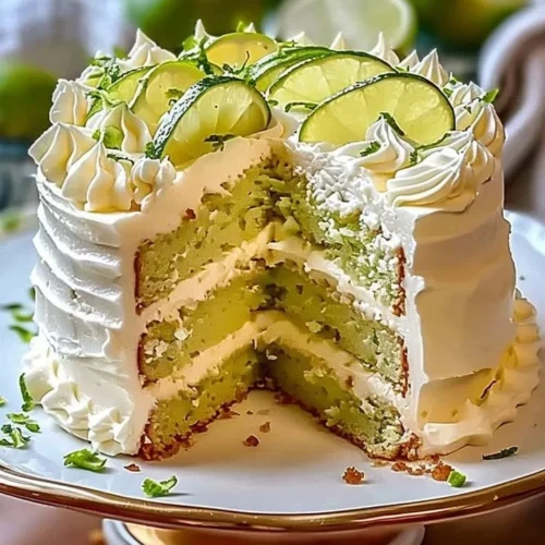 Delicious Key Lime Cake with Key Lime Cream Cheese Frosting on a white plate