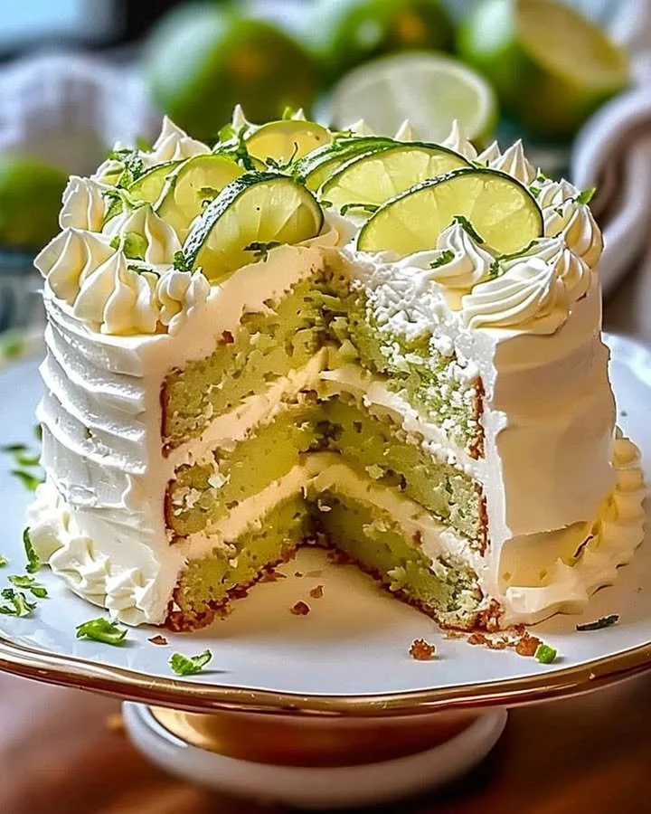 Delicious Key Lime Cake with Key Lime Cream Cheese Frosting on a white plate