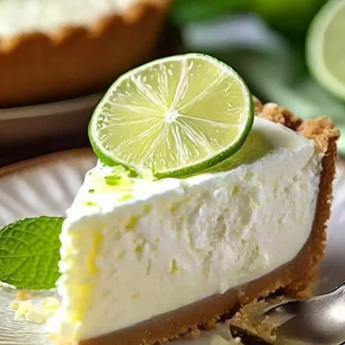 Delicious Key Lime Cheesecake garnished with lime slices on a plate.