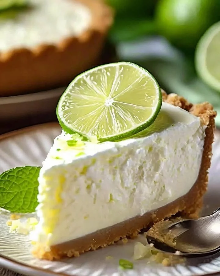 Delicious Key Lime Cheesecake garnished with lime slices on a plate.