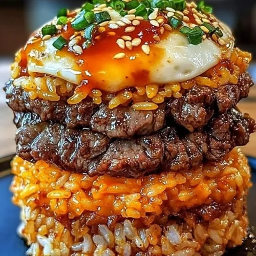 Korean BBQ Beef Rice Stack topped with grilled beef and fresh vegetables