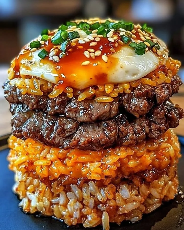 Korean BBQ Beef Rice Stack topped with grilled beef and fresh vegetables