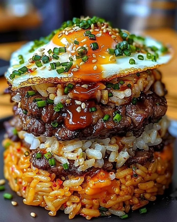 Korean BBQ Beef Rice Stack served in a bowl with fresh ingredients.