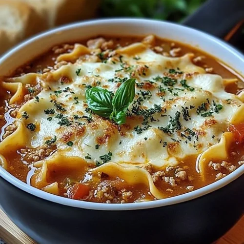Bowl of delicious lasagna soup with melted cheese and herbs atop