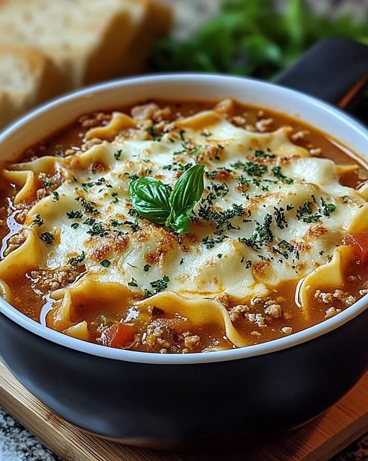 Bowl of delicious lasagna soup with melted cheese and herbs atop