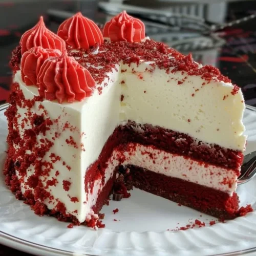 Layered Red Velvet Cheesecake with White Chocolate Topping