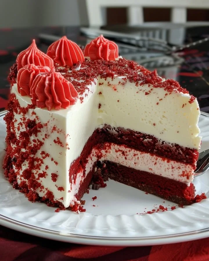 Layered Red Velvet Cheesecake with White Chocolate Topping