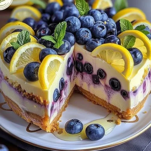 Slice of Lemon Blueberry Cheesecake Delight topped with blueberries