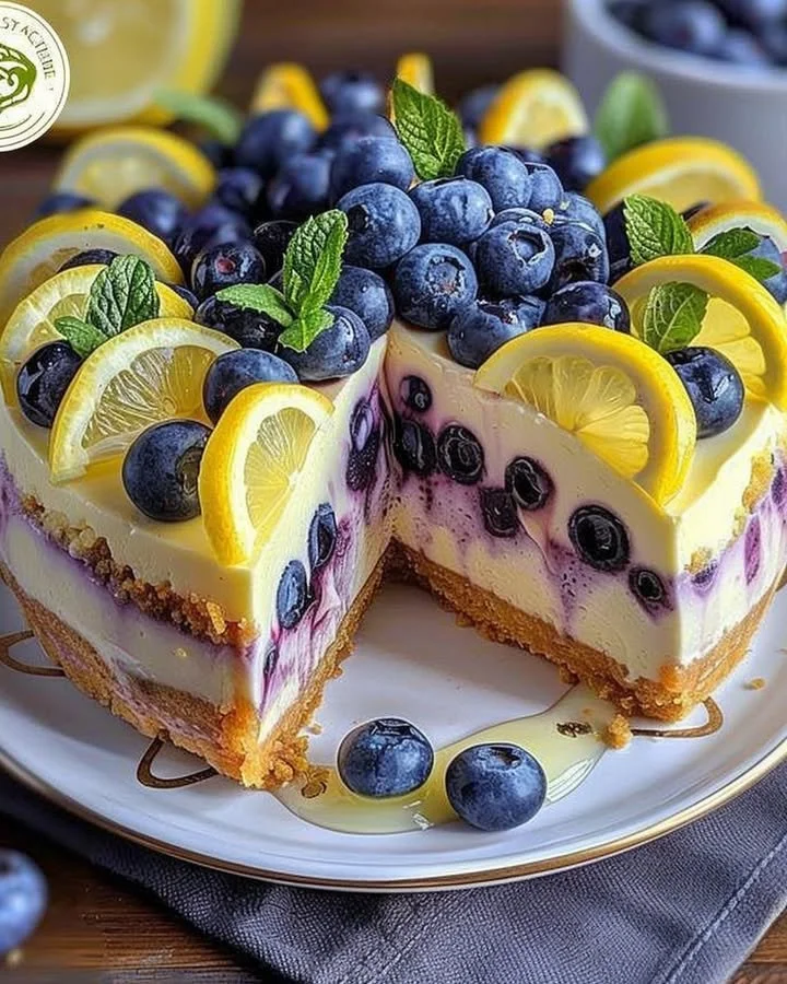 Slice of Lemon Blueberry Cheesecake Delight topped with blueberries