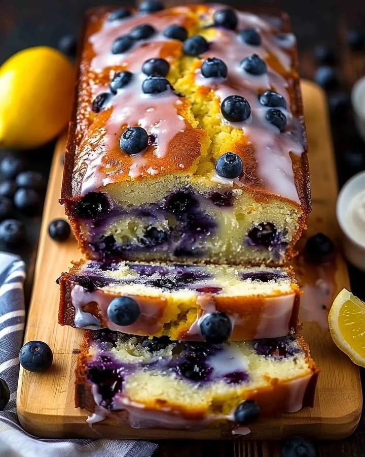 Lemon blueberry yogurt loaf with a golden crust and vibrant berries