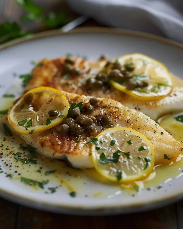 Lemon-Caper Butter Sole served with fresh herbs and lemon wedges