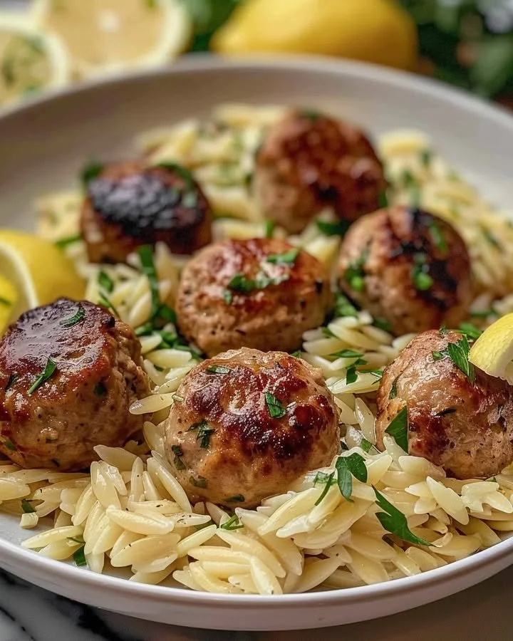 Lemon Chicken Ricotta Meatballs served with garlic orzo in a bowl