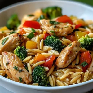 Lemon Chicken Vegetable Orzo Stir Fry served in a colorful bowl with fresh ingredients.