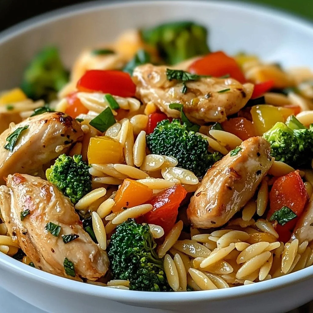 Lemon Chicken Vegetable Orzo Stir Fry served in a colorful bowl with fresh ingredients.