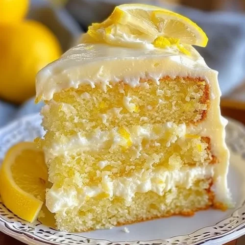 Delicious Lemon Heaven Cake topped with lemon glaze and fresh slices.