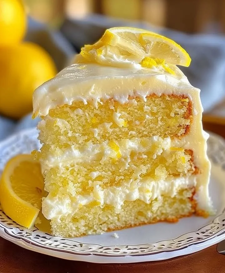 Delicious Lemon Heaven Cake topped with lemon glaze and fresh slices.