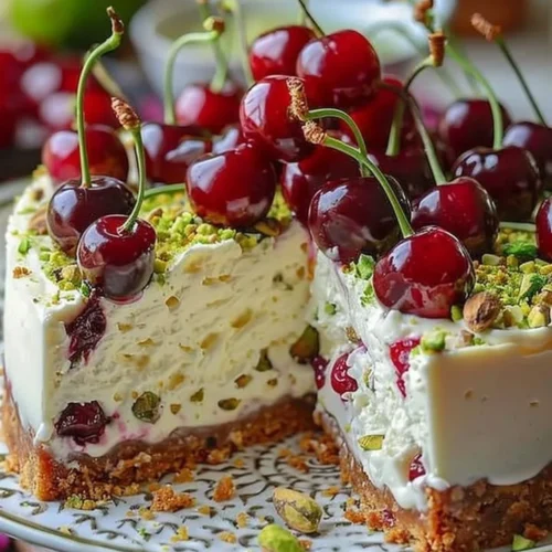 Lemon-Lime Cherry Pistachio Cheesecake slice on a plate with cherry topping