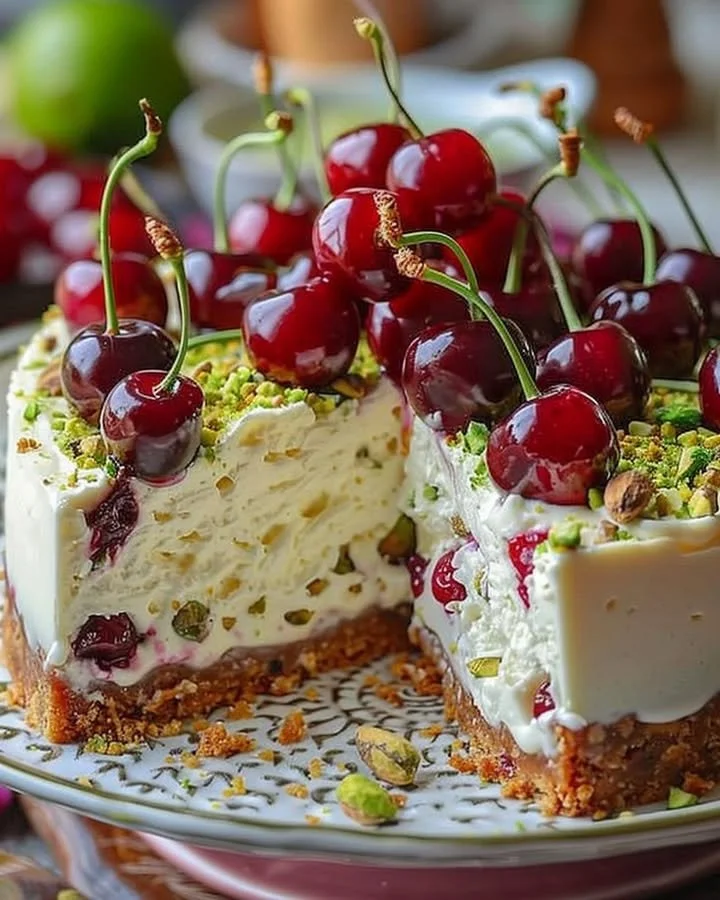 Lemon-Lime Cherry Pistachio Cheesecake slice on a plate with cherry topping
