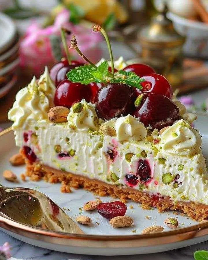 Lemon-Lime Cherry Pistachio Cheesecake topped with fresh cherries and pistachios