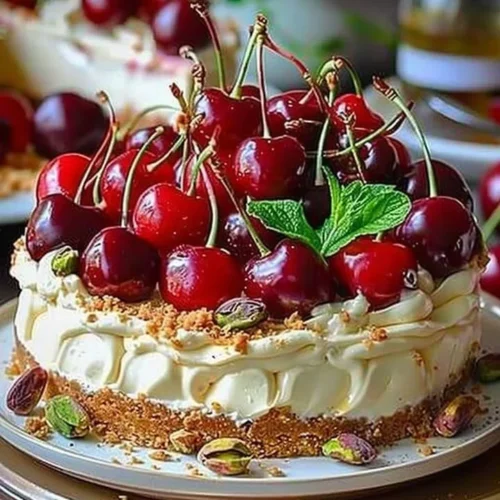Lemon Lime Cherry Pistachio Cheesecake with colorful toppings and a creamy layer