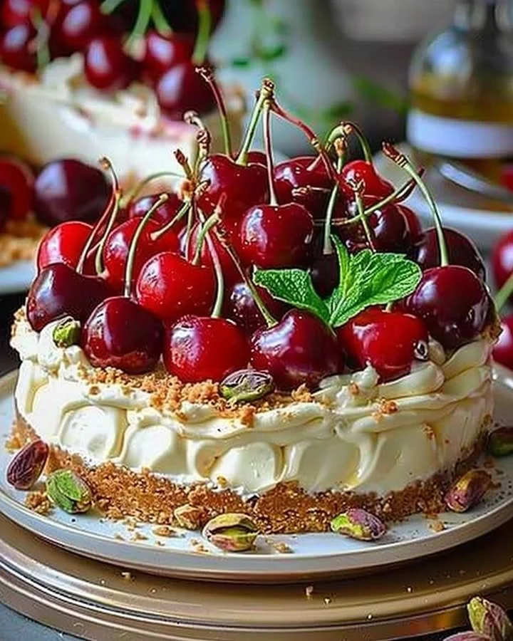 Lemon Lime Cherry Pistachio Cheesecake with colorful toppings and a creamy layer