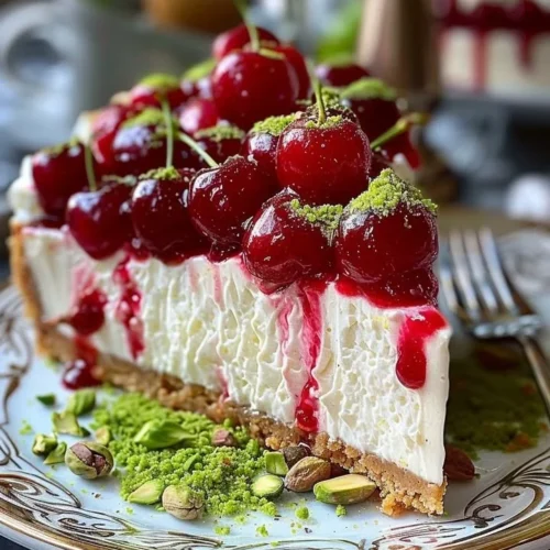 Lemon-Lime Cherry Pistachio Cheesecake slice on a plate