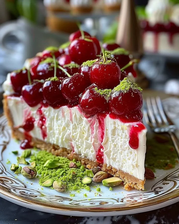 Lemon-Lime Cherry Pistachio Cheesecake slice on a plate
