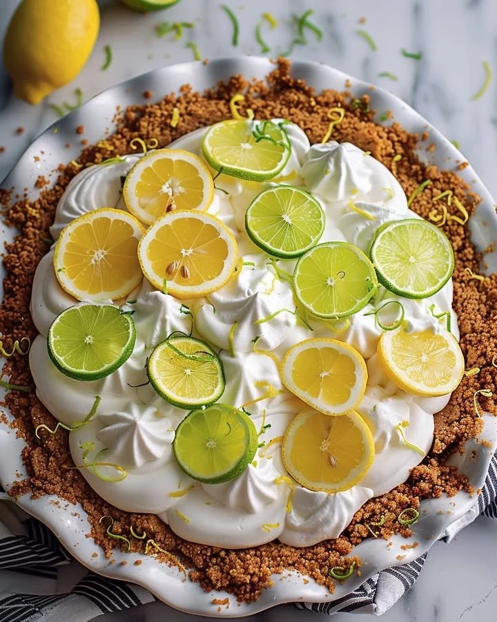 Delicious Lemon Lime Icebox Pie served with whipped cream and lime slices