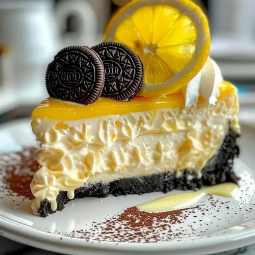 Slice of Lemon Oreo Cheesecake on a white plate with lemon garnish